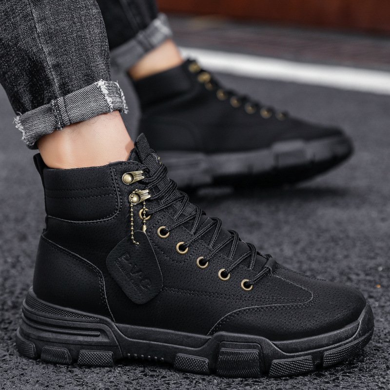 Autumn New Men's Mid-top Tooling Trendy Shoes High-top British Style Boots Customized for Men Packaging Male Black Midi 2 Pairs