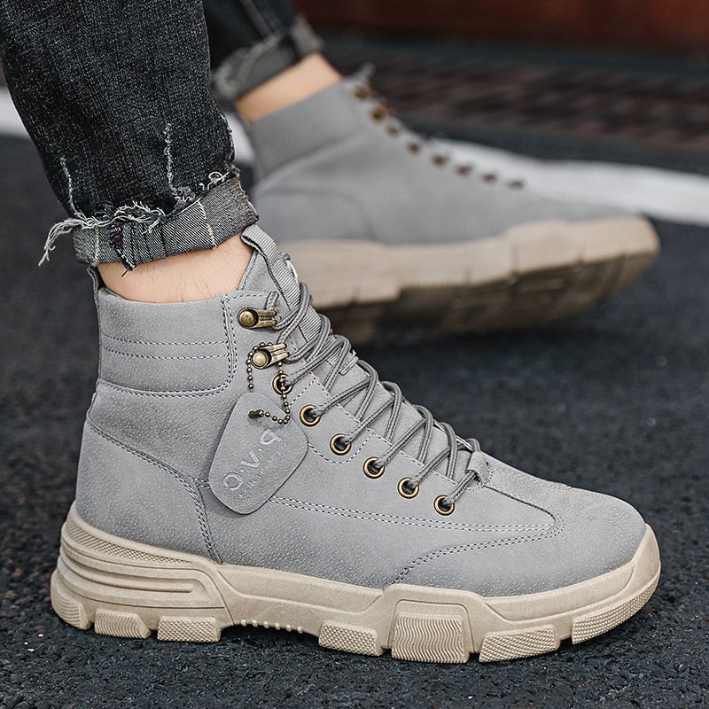Autumn New Men's Mid-top Tooling Trendy Shoes High-top British Style Boots Customized for Men Packaging Male Black Midi 2 Pairs