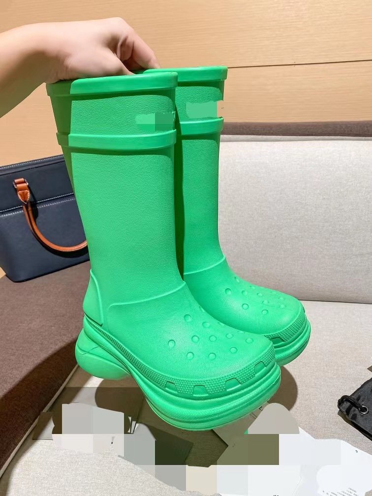In stock women's round toe platform rain boots new thick sole high tube water boots solid color waterproof boots