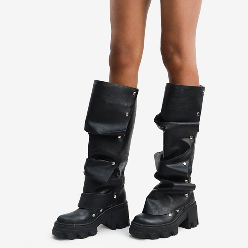 Metal Rivets Loose Pleated Upper Shoes Low Chunky Heels Square Toe Long Boots Women's Wide Fit Knee High Booties