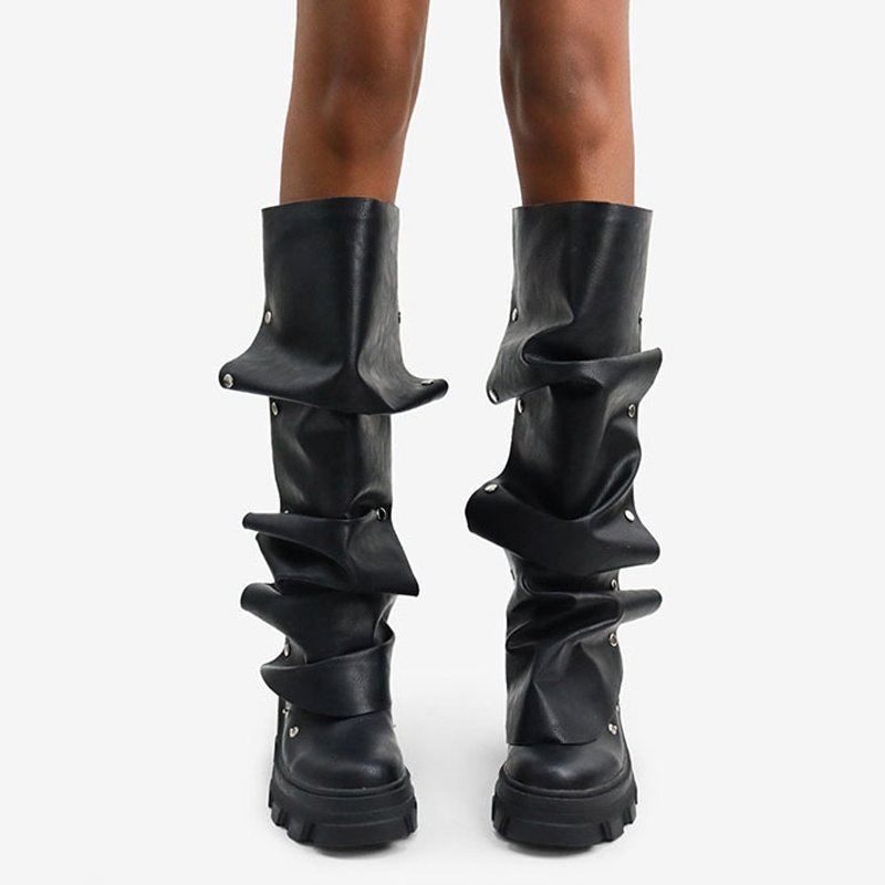 Metal Rivets Loose Pleated Upper Shoes Low Chunky Heels Square Toe Long Boots Women's Wide Fit Knee High Booties