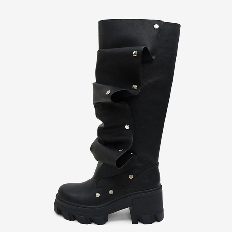 Metal Rivets Loose Pleated Upper Shoes Low Chunky Heels Square Toe Long Boots Women's Wide Fit Knee High Booties