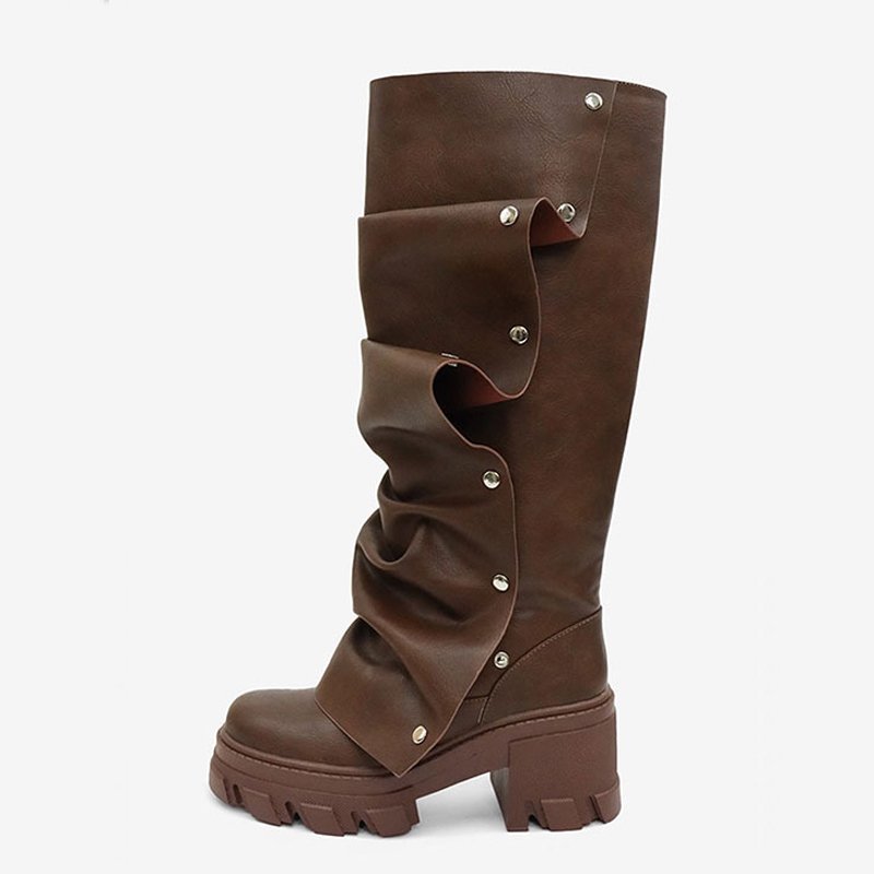Metal Rivets Loose Pleated Upper Shoes Low Chunky Heels Square Toe Long Boots Women's Wide Fit Knee High Booties