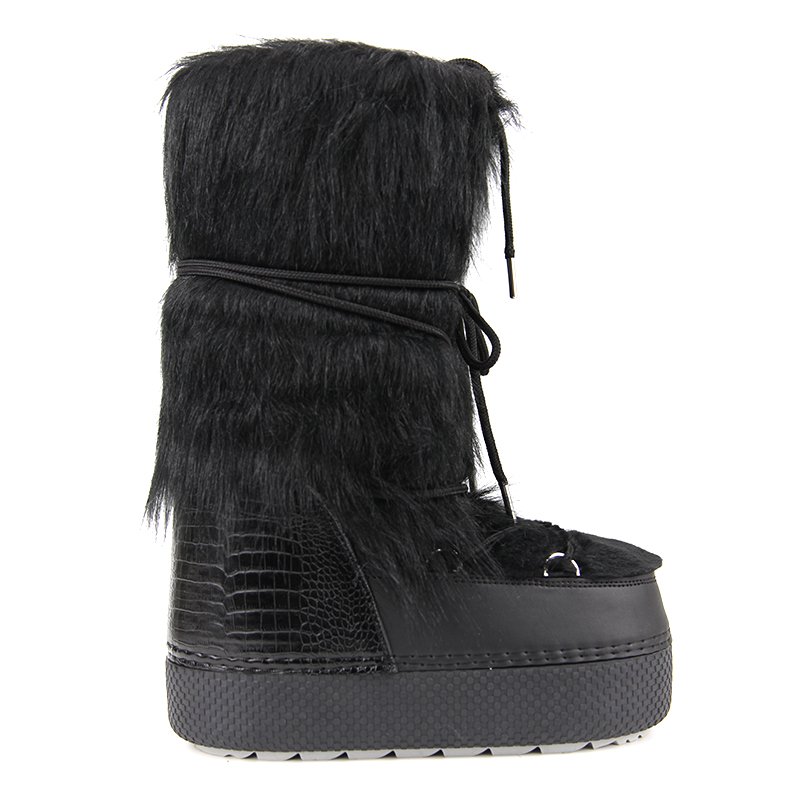 Black flat knee high snow boots with fur trim covered winter boots for women and girls