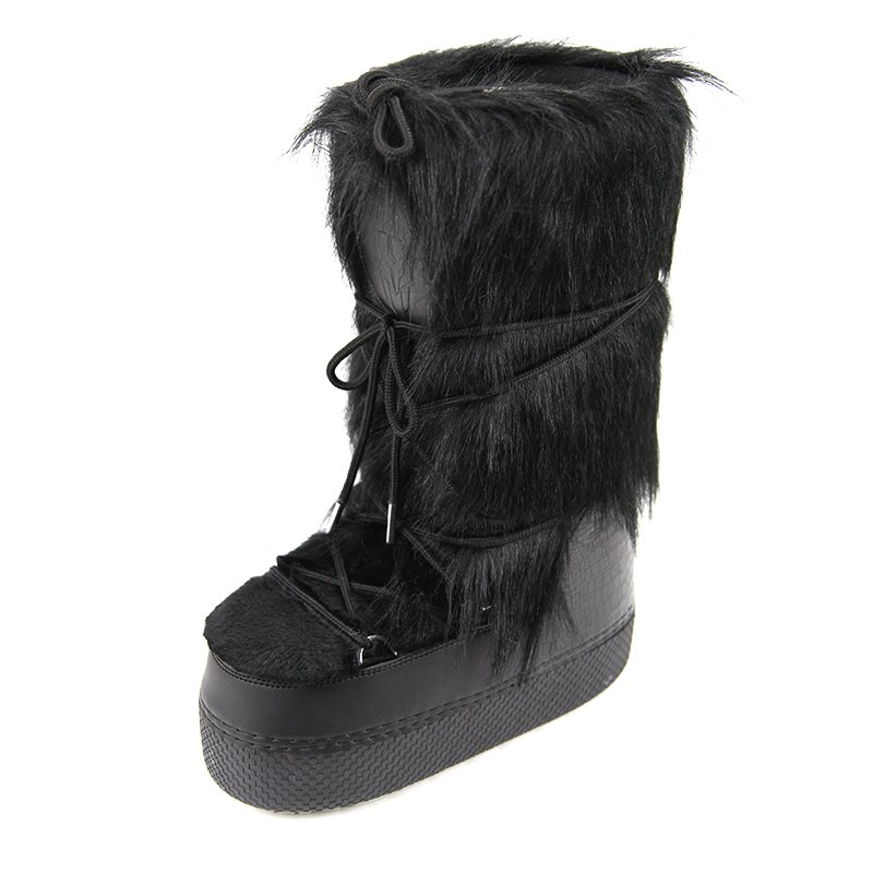 Black flat knee high snow boots with fur trim covered winter boots for women and girls