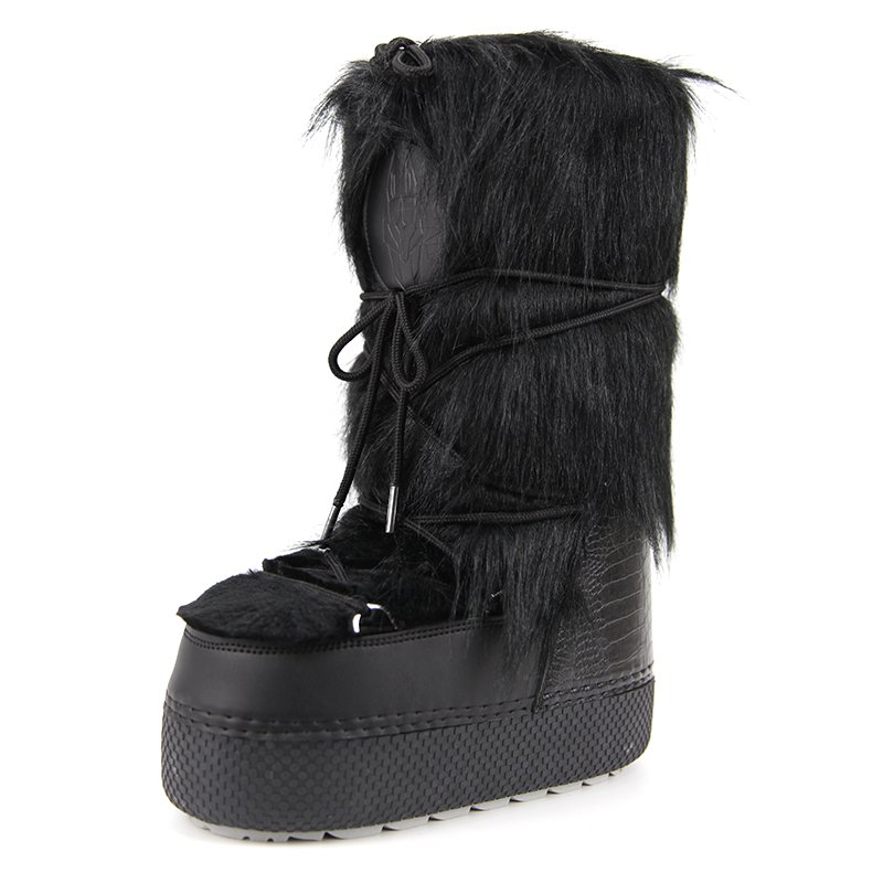 Black flat knee high snow boots with fur trim covered winter boots for women and girls