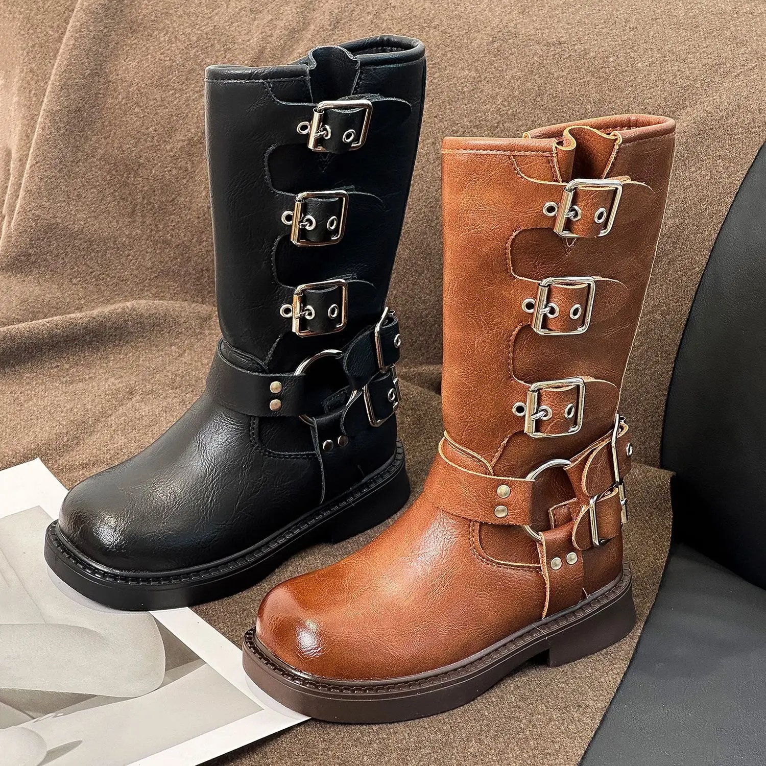Spring Autumn Children's Boys New Knee High Low Heel Trend Punk Gothic Rock Leather Boots Kid Toddler Fashion Biker Boots