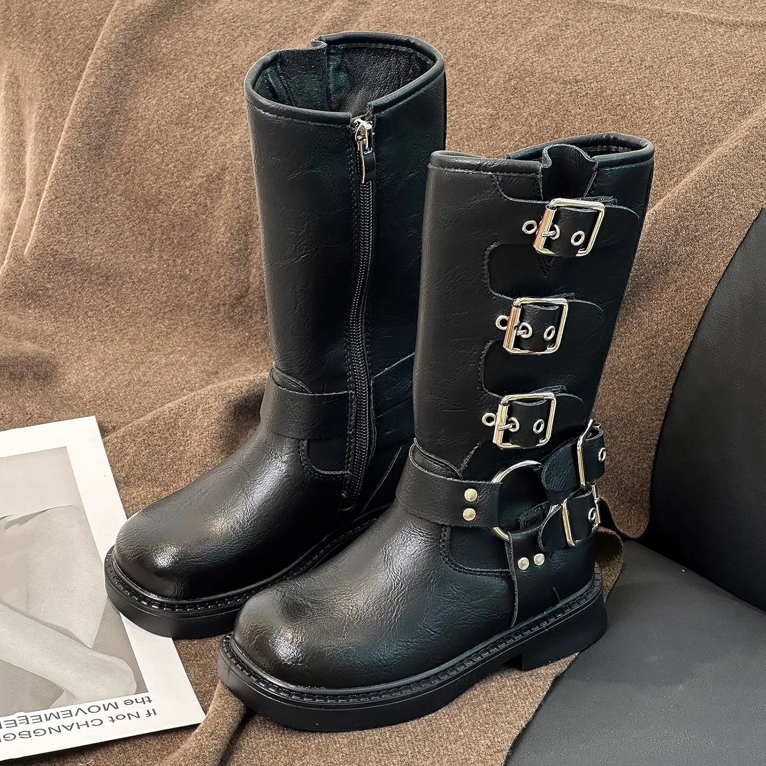 Spring Autumn Children's Boys New Knee High Low Heel Trend Punk Gothic Rock Leather Boots Kid Toddler Fashion Biker Boots