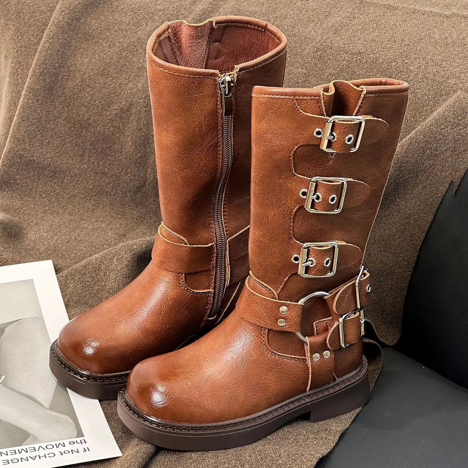 Spring Autumn Children's Boys New Knee High Low Heel Trend Punk Gothic Rock Leather Boots Kid Toddler Fashion Biker Boots
