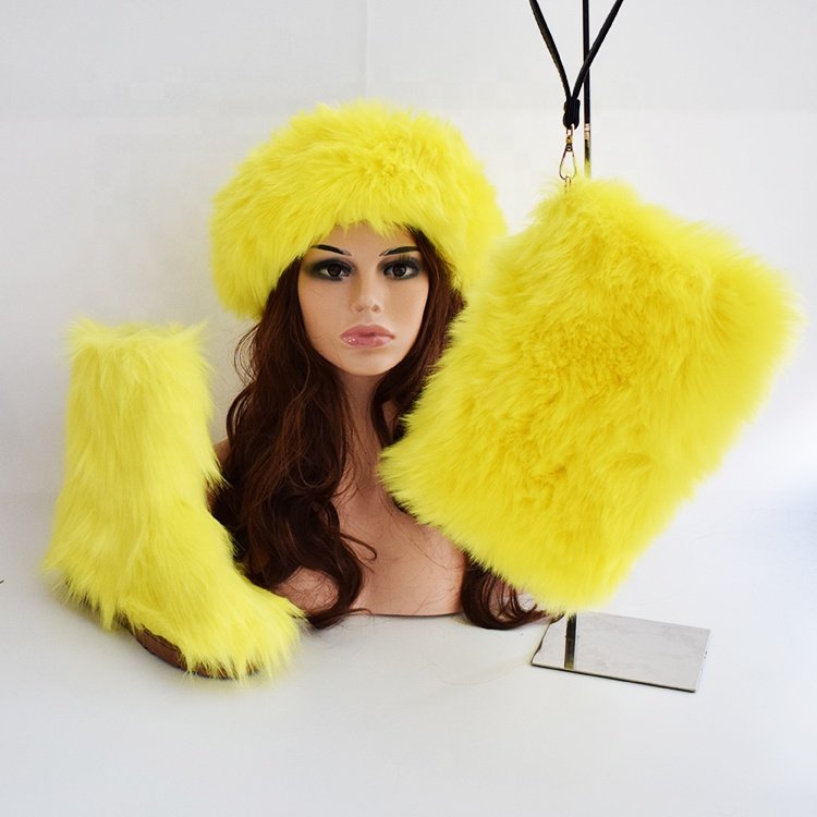 2020 New arrival hot sale cheap women kids fur snow winter boots set real faux fluffy fur boots with headband and bag