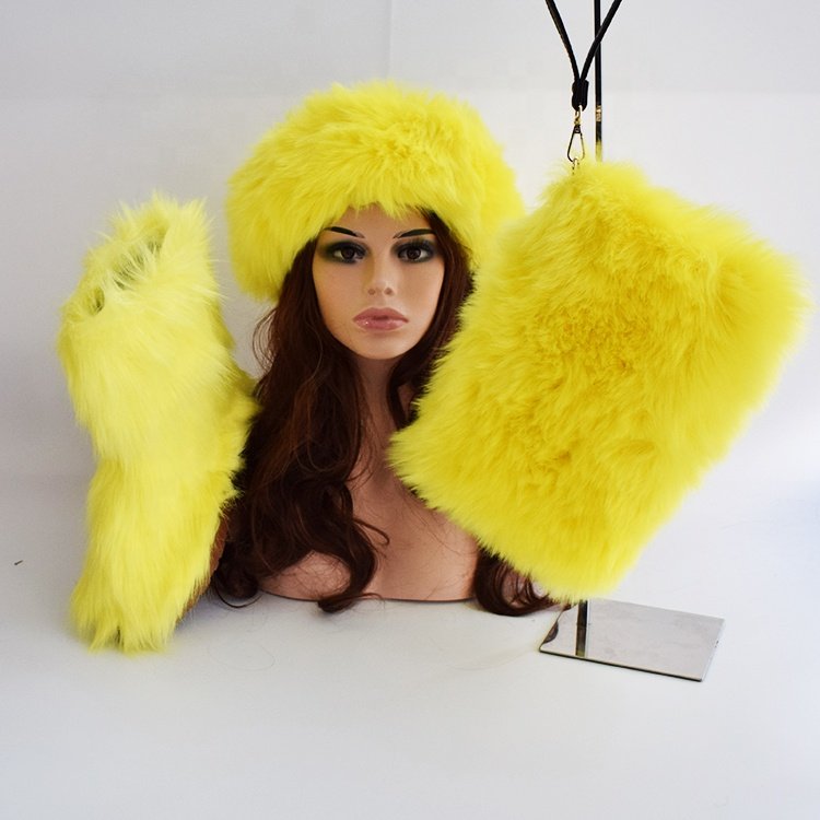 2020 New arrival hot sale cheap women kids fur snow winter boots set real faux fluffy fur boots with headband and bag