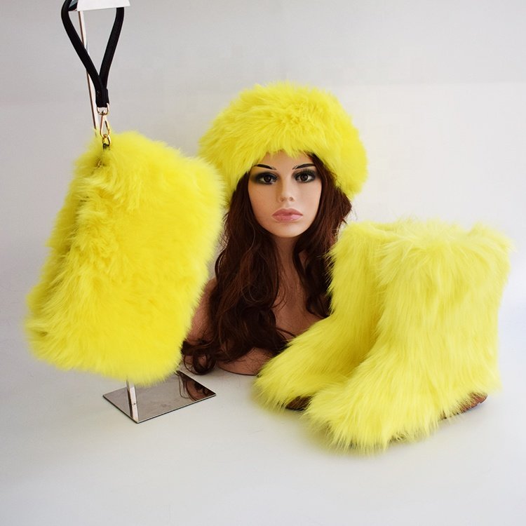 2020 New arrival hot sale cheap women kids fur snow winter boots set real faux fluffy fur boots with headband and bag