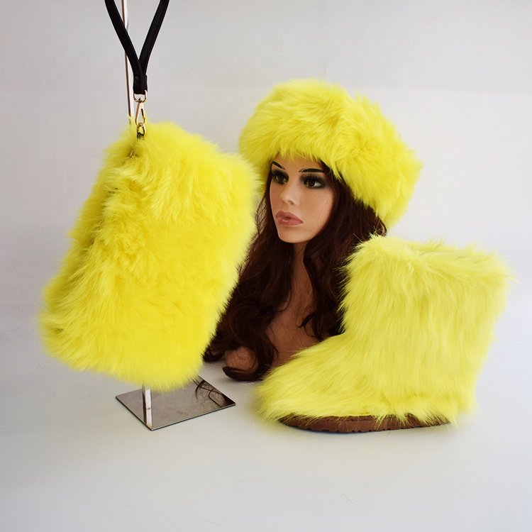 2020 New arrival hot sale cheap women kids fur snow winter boots set real faux fluffy fur boots with headband and bag