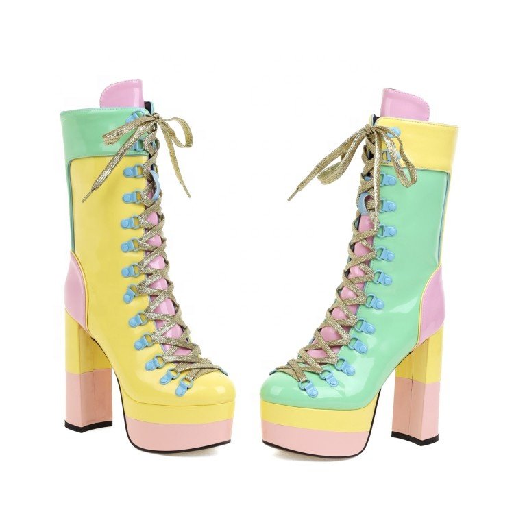2022 New Arrivals Fashion Super Chunky High Heel Dress Pumps Colorful Thick Bottom Platform Lace Up Women Shoes Sexy Ankle Boots