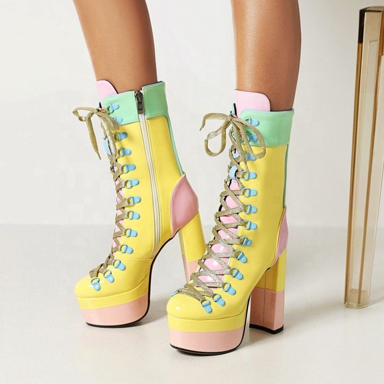 2022 New Arrivals Fashion Super Chunky High Heel Dress Pumps Colorful Thick Bottom Platform Lace Up Women Shoes Sexy Ankle Boots