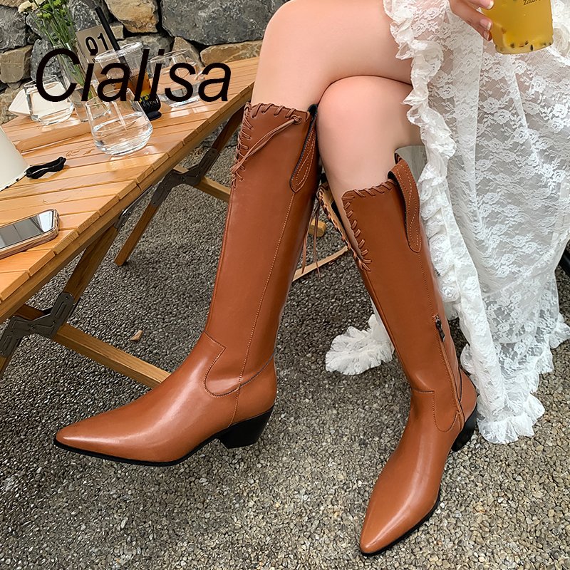 Cialisa 2022 New Autumn Winter Women's Shoes Black Brown Genuine Leather Block High Heels Cowboy Knee High Long Boots