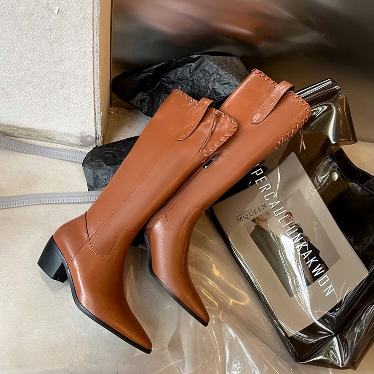 Cialisa 2022 New Autumn Winter Women's Shoes Black Brown Genuine Leather Block High Heels Cowboy Knee High Long Boots