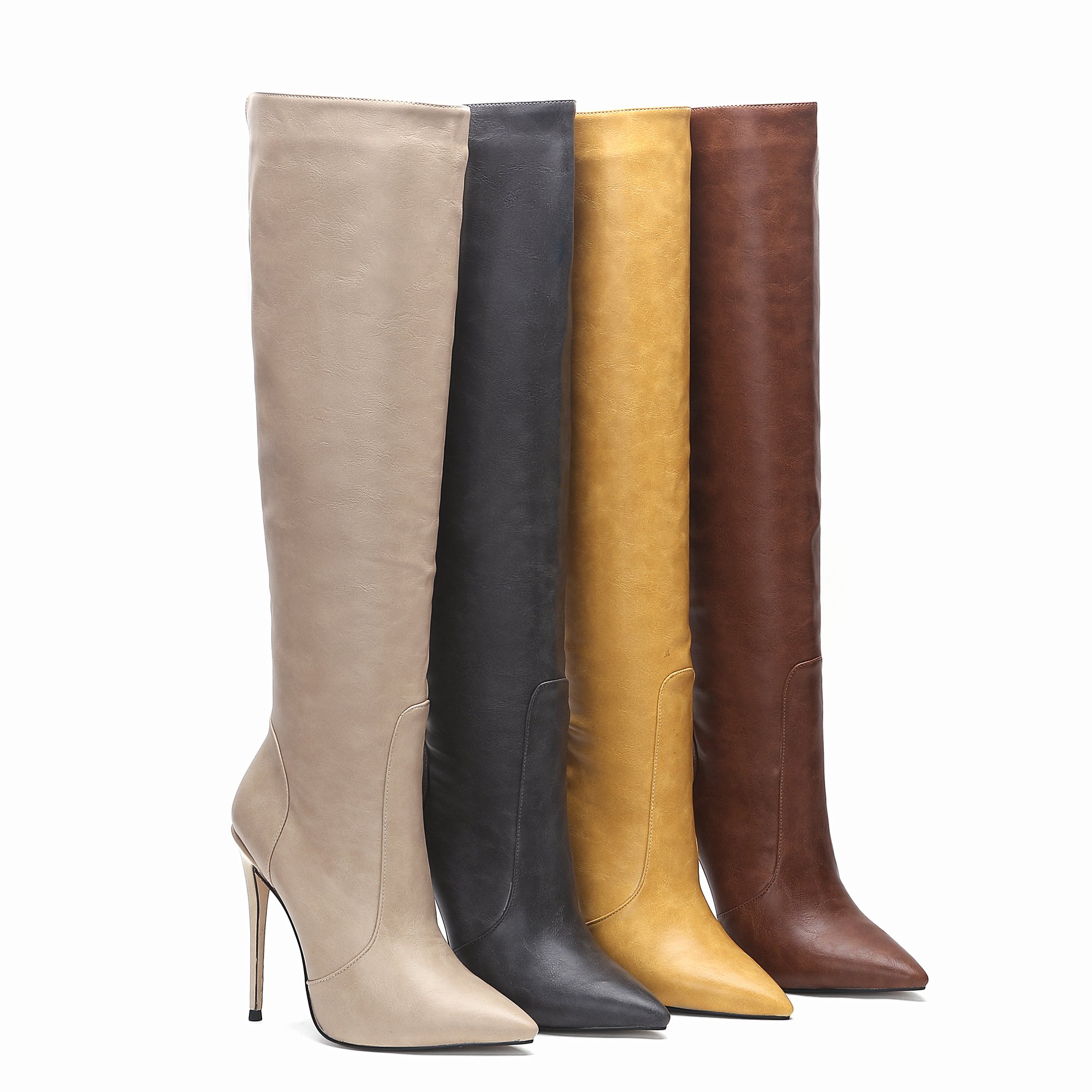 2024 New Fashion Boots Women Shoes High Heel Long Boots Ladies Shoes PU Winter Shoes Faux Leather ZIP Rubber Zipper up for Women