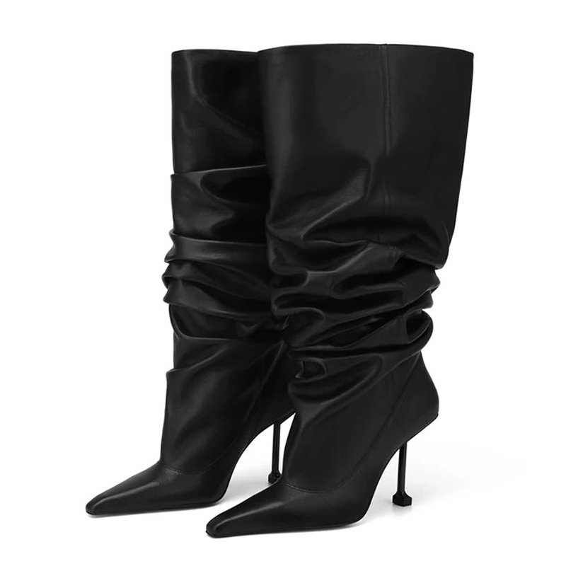 Slip On Pleated Upper Fashion Long Booties Wide Fit Loose Kitten High Heels Shoes Women's Pointed Toe Knee High Boots