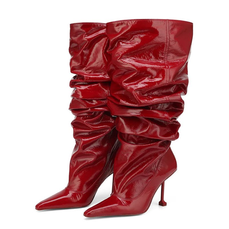 Slip On Pleated Upper Fashion Long Booties Wide Fit Loose Kitten High Heels Shoes Women's Pointed Toe Knee High Boots