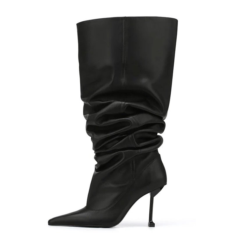 Slip On Pleated Upper Fashion Long Booties Wide Fit Loose Kitten High Heels Shoes Women's Pointed Toe Knee High Boots