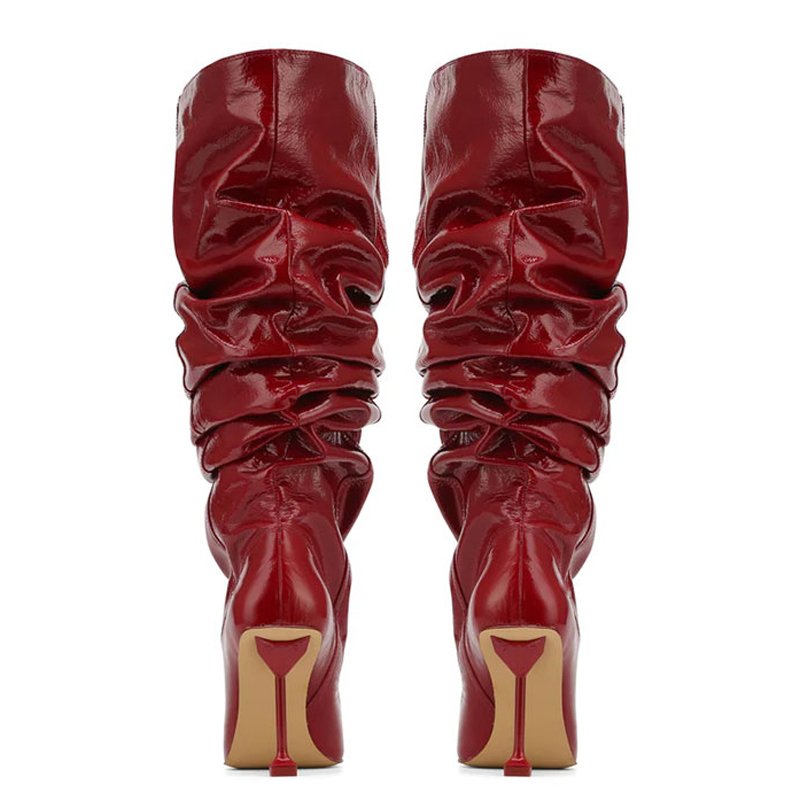 Slip On Pleated Upper Fashion Long Booties Wide Fit Loose Kitten High Heels Shoes Women's Pointed Toe Knee High Boots