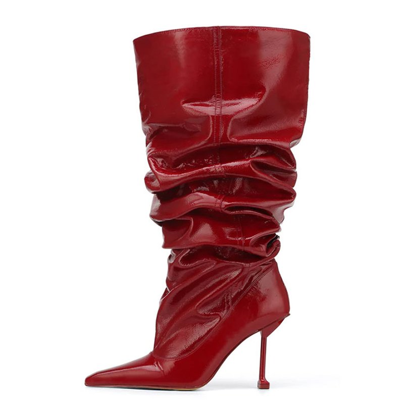 Slip On Pleated Upper Fashion Long Booties Wide Fit Loose Kitten High Heels Shoes Women's Pointed Toe Knee High Boots