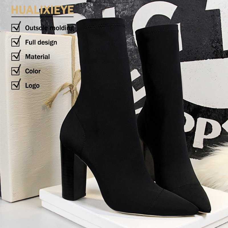 Pointed Sexy Nightclub Boots Simple Wood Heel Thick Heel High Ankle Short Boots European American Fashion's Latest Design Winter