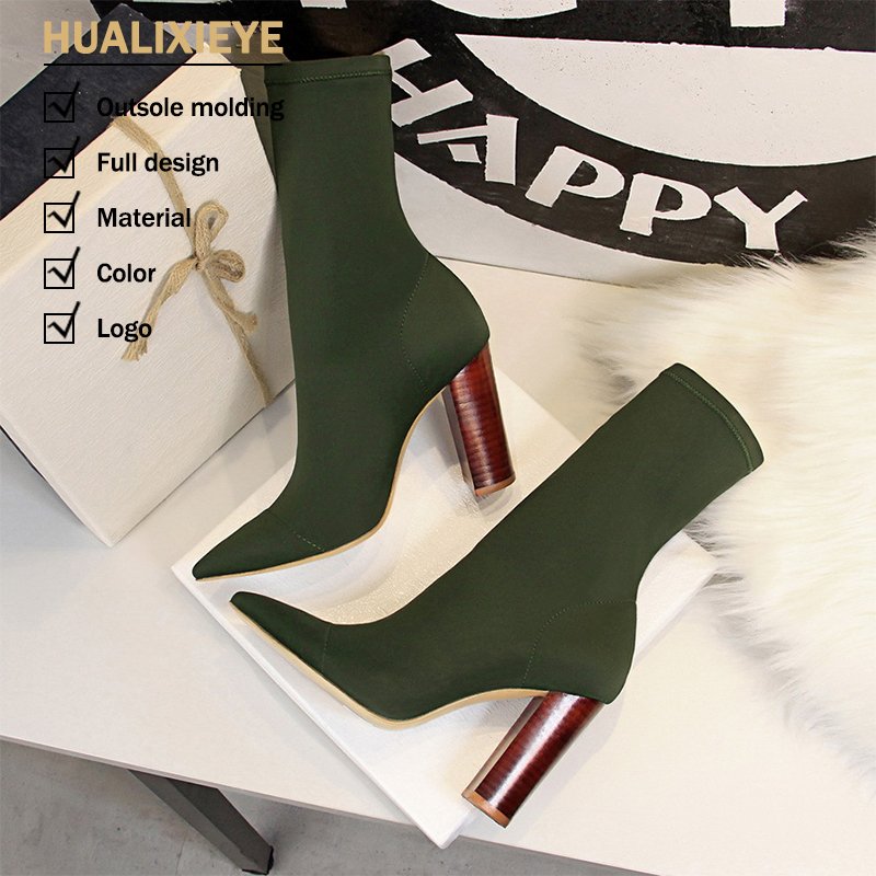 Pointed Sexy Nightclub Boots Simple Wood Heel Thick Heel High Ankle Short Boots European American Fashion's Latest Design Winter