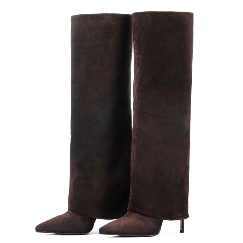 Sexy Thin High Heel Pointed Toe Shoes Stiletto Pants Boots Women's Folded Over Knee High Black Big Size 35-43