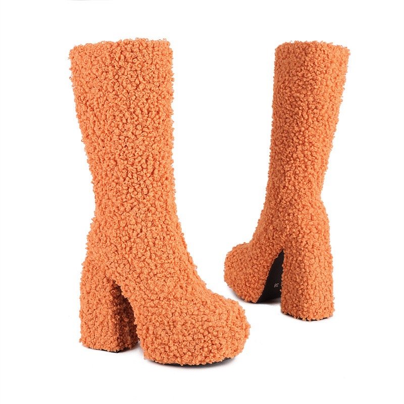 Women Warm Faux Lamb Wool Fur Boots Winter Plush Snow Boots Fashion New Soft Curly Platform Shoes Thick High Heels Boots