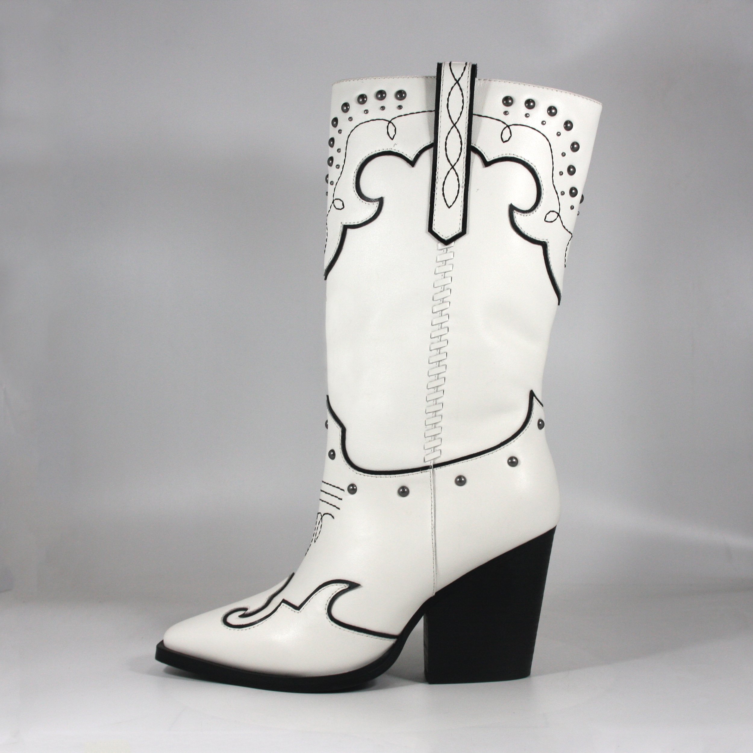 Rivets western mid calf boots wide foot chunk heel winter and fall boots for women Outdoor embroidery black white cowgirl boots