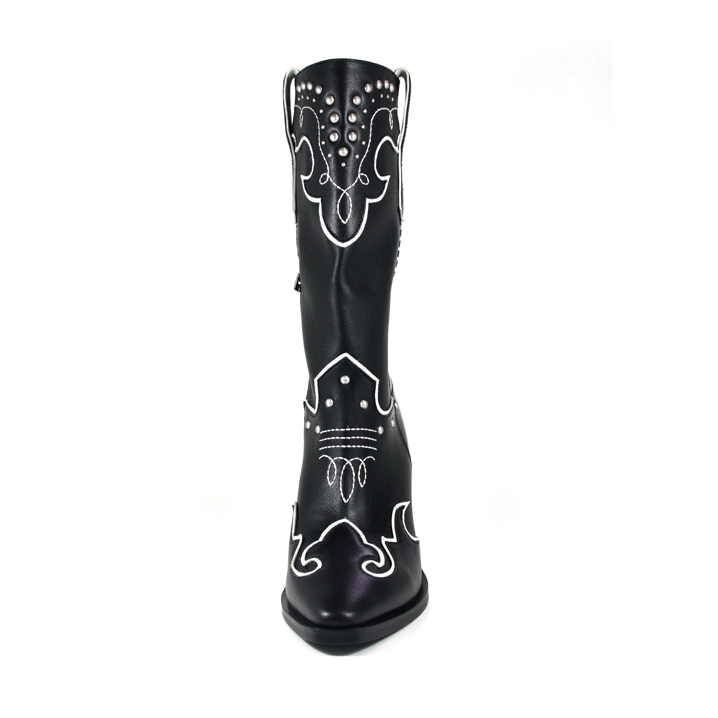 Rivets western mid calf boots wide foot chunk heel winter and fall boots for women Outdoor embroidery black white cowgirl boots