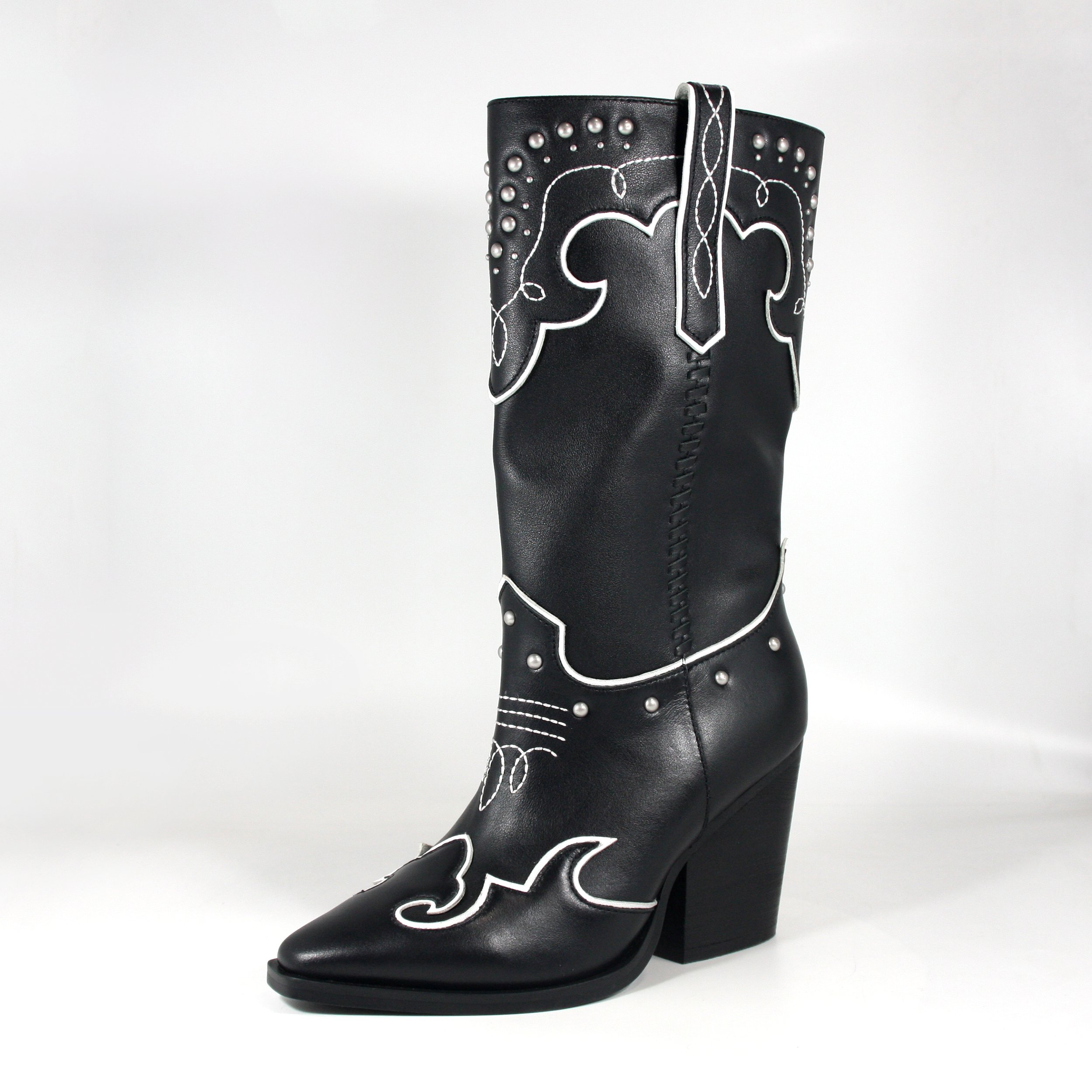 Rivets western mid calf boots wide foot chunk heel winter and fall boots for women Outdoor embroidery black white cowgirl boots