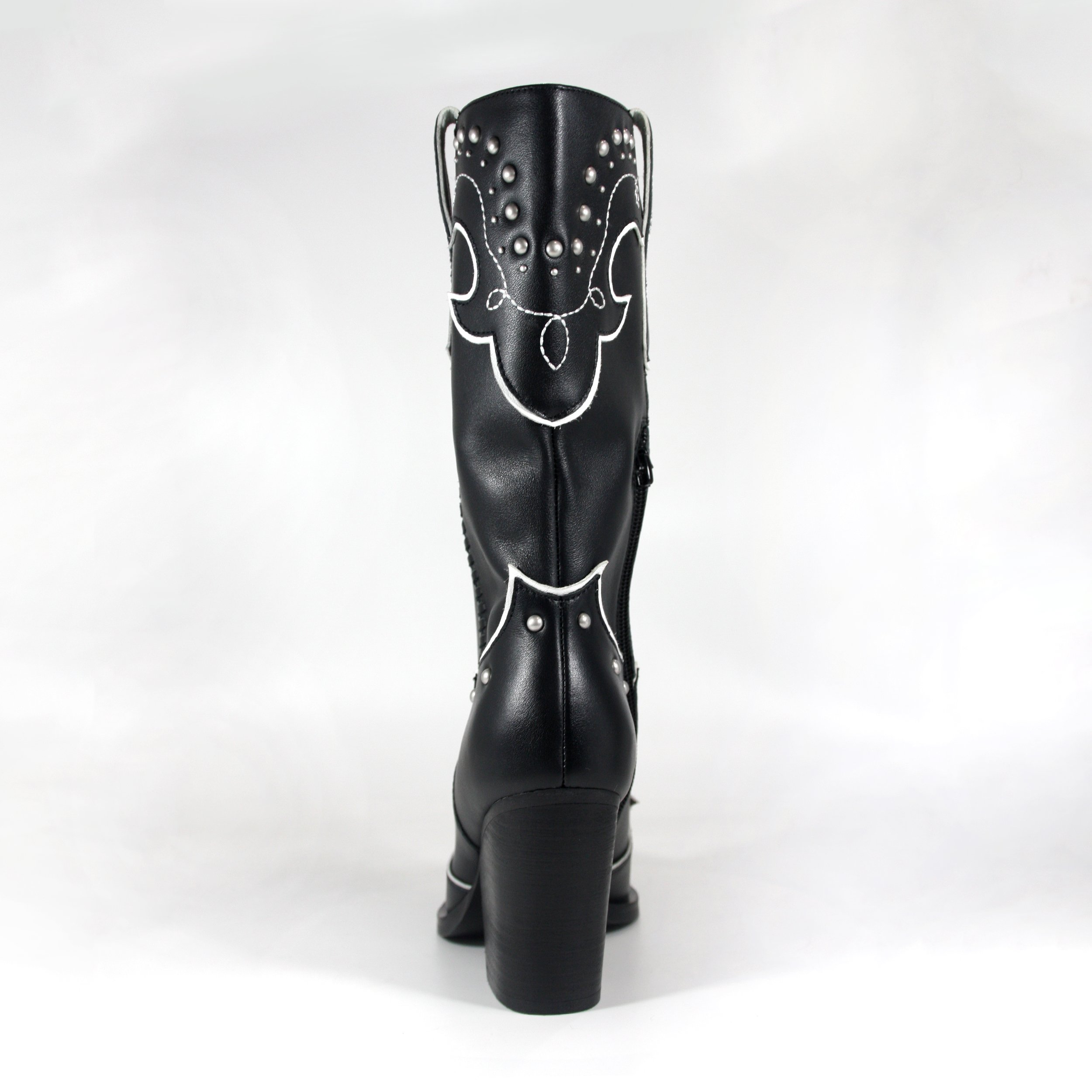 Rivets western mid calf boots wide foot chunk heel winter and fall boots for women Outdoor embroidery black white cowgirl boots