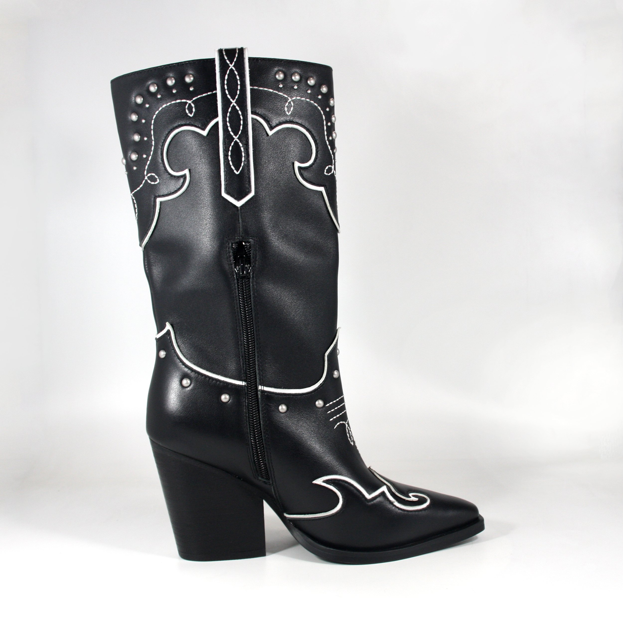 Rivets western mid calf boots wide foot chunk heel winter and fall boots for women Outdoor embroidery black white cowgirl boots