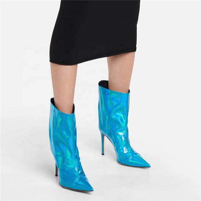 New Design Pointy Toe High Heel Boots Women Metallic Material Cool Guy Ankle Boots