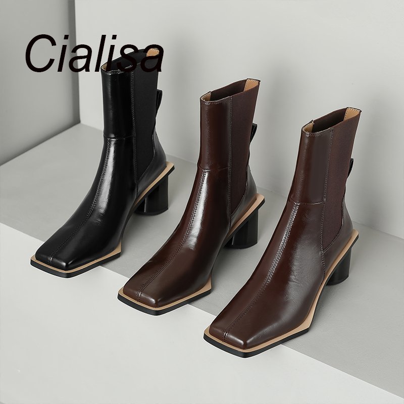 Cialisa Elegant Fashion Genuine Leather Women Shoes Square High Heels Ankle Booties 2022 Winter Short Boots For Office Lady