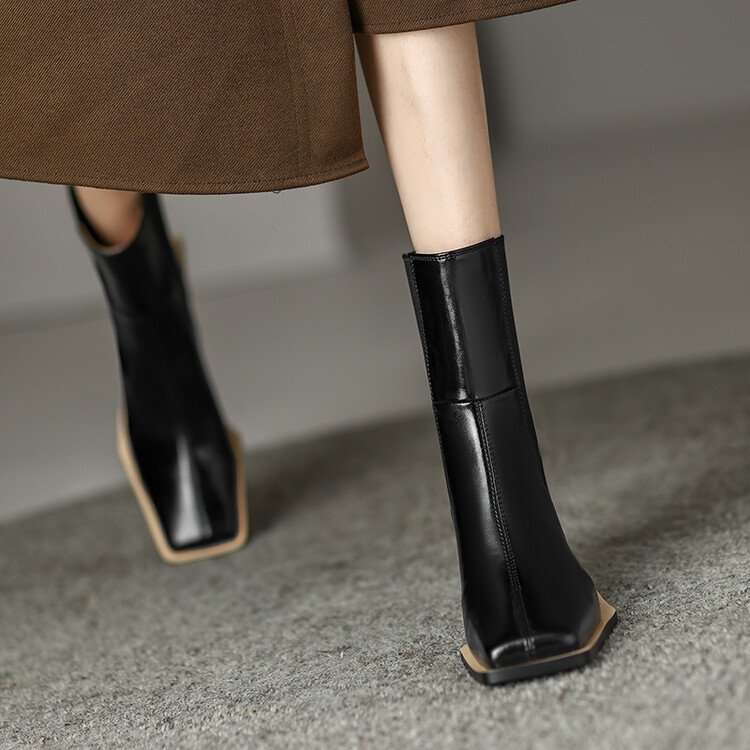 Cialisa Elegant Fashion Genuine Leather Women Shoes Square High Heels Ankle Booties 2022 Winter Short Boots For Office Lady