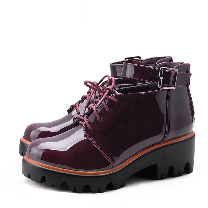 Black Maroon Red Patent leather Cut Out Chucky Platform Heel Woman Ankle Boots