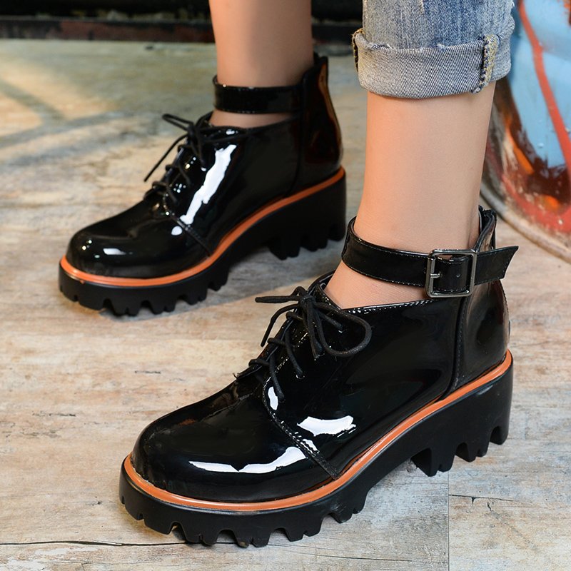 Black Maroon Red Patent leather Cut Out Chucky Platform Heel Woman Ankle Boots