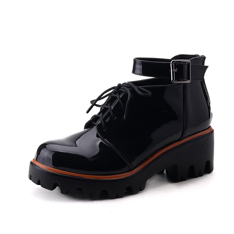 Black Maroon Red Patent leather Cut Out Chucky Platform Heel Woman Ankle Boots