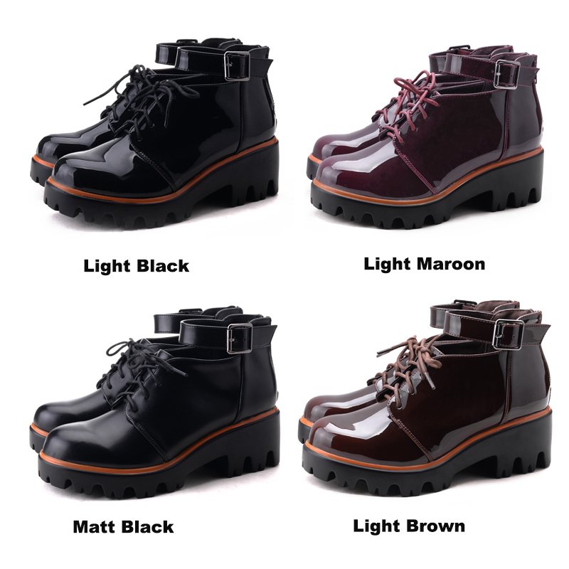 Black Maroon Red Patent leather Cut Out Chucky Platform Heel Woman Ankle Boots