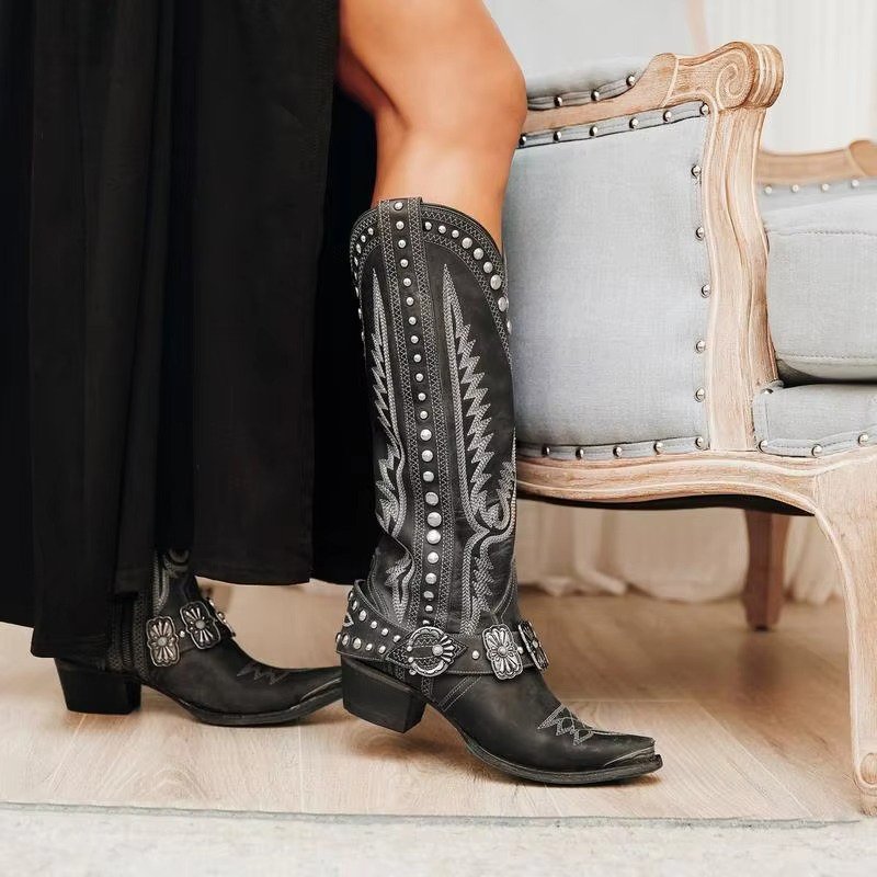 New Western Ladies Mid Calf Boots Pointed Toe Low-Heeled Rodeo Cowboy Women Boots With Chunky Heels