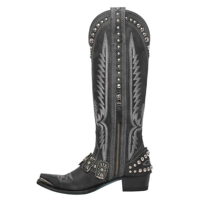 New Western Ladies Mid Calf Boots Pointed Toe Low-Heeled Rodeo Cowboy Women Boots With Chunky Heels
