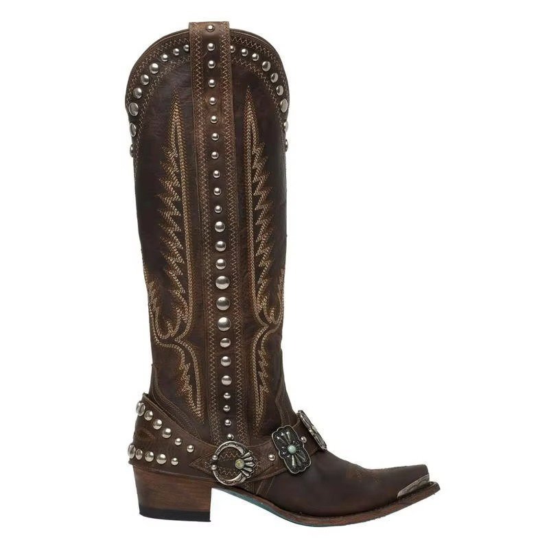 New Western Ladies Mid Calf Boots Pointed Toe Low-Heeled Rodeo Cowboy Women Boots With Chunky Heels