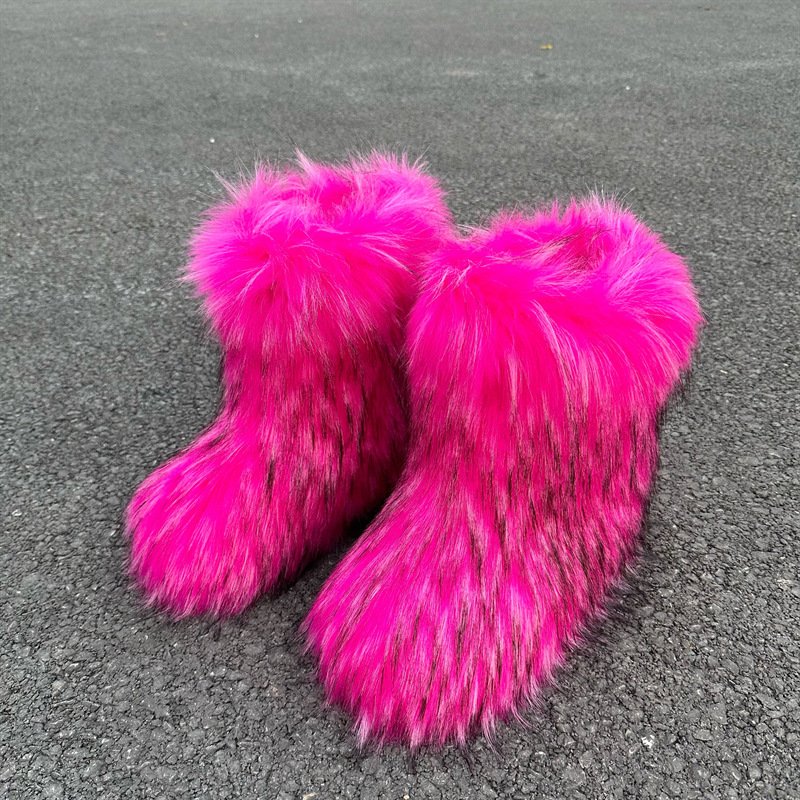 Girls Fluffy Faux Fox Fur Boots Winter Woman Plush Warm Snow Bootas Luxury Footwear Furry Fur Boots