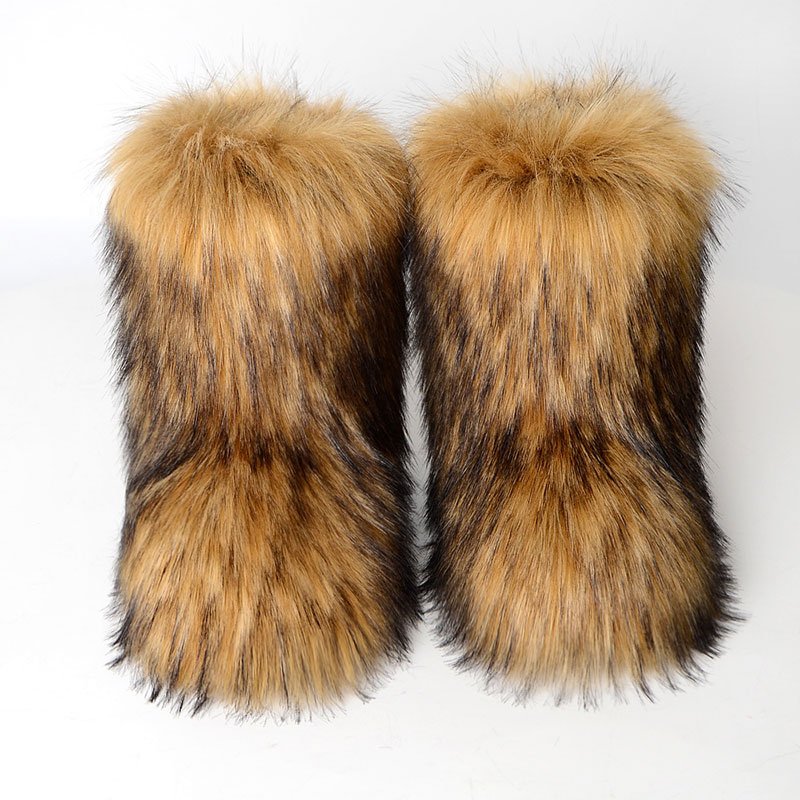 Women'S New Design Winter Plush Imitation Fox Raccoon Leather Boots Plush Warm Fashion Winter Fake Fur Snow Boots