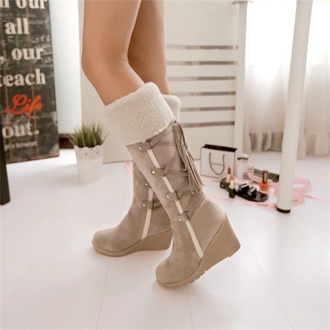Mid-calf High Heel Boots Shoes 2020 Winter Women Wedge Snow Boots
