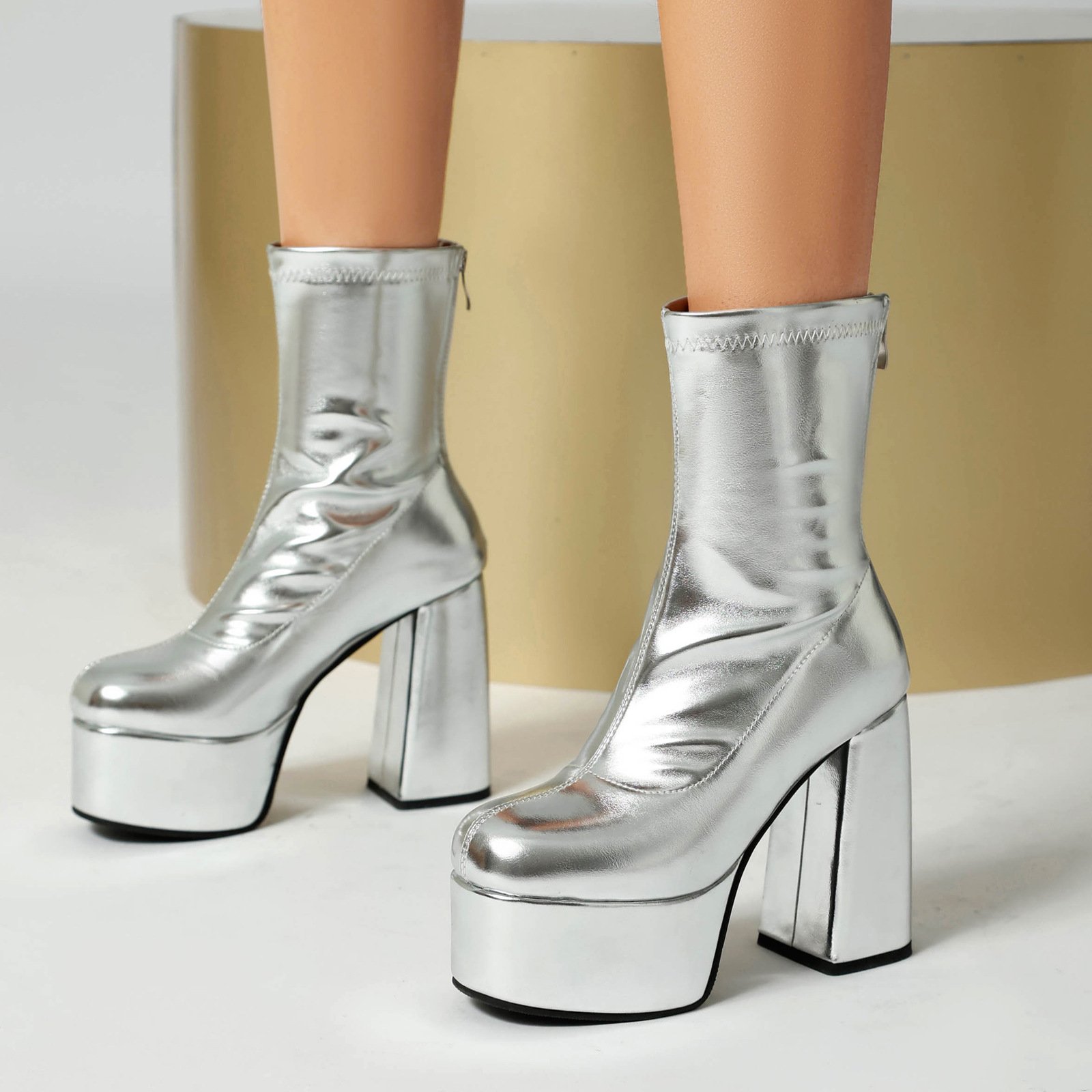Xinzirain Custom Large Size 34-48 Women's Genuine Leather Ankle Boots Zipper Closure round Toe Platform Chunky Heel Toe Design